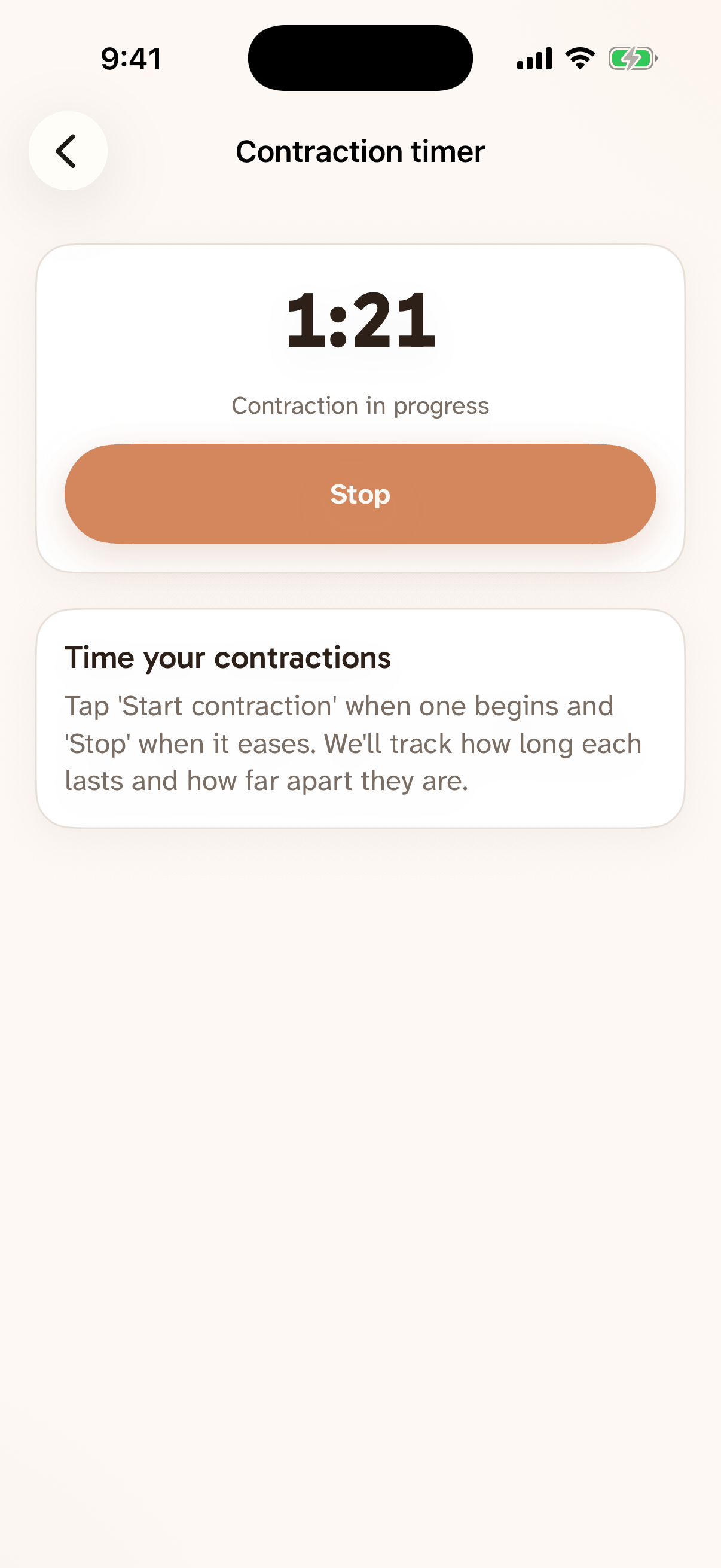 Contraction timer mid-session showing duration, frequency, and 5-1-1 pattern status
