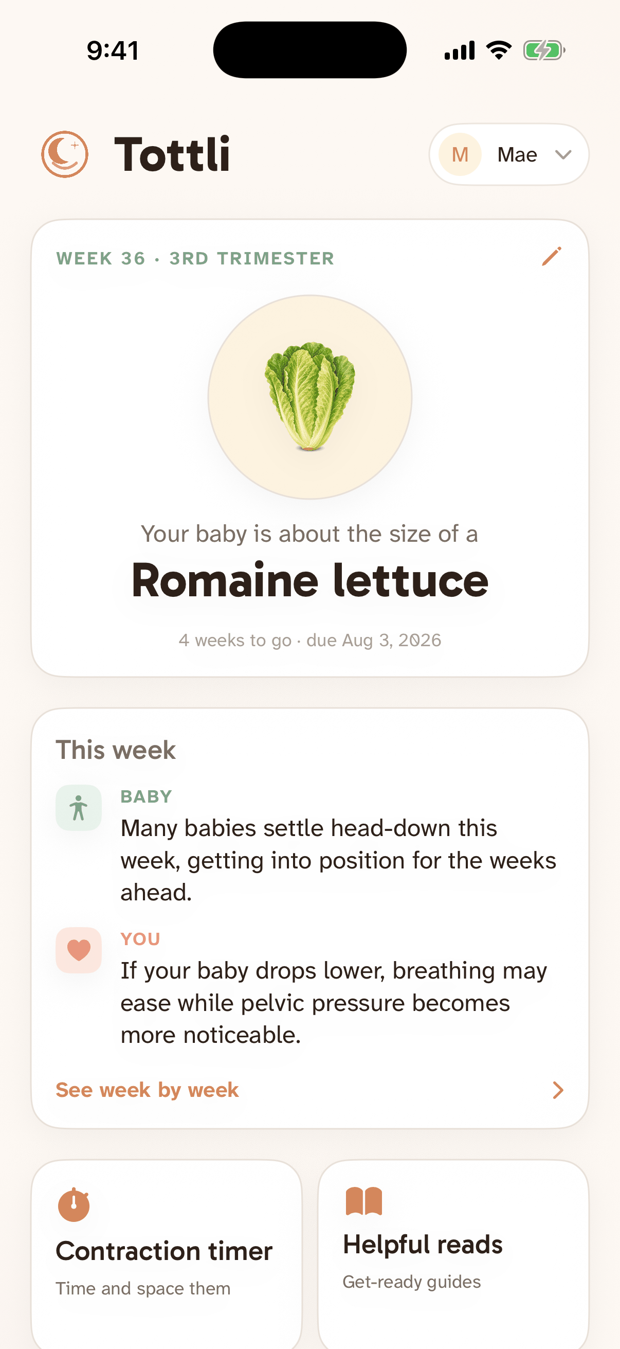Expecting Mode home screen with due-date countdown and week-by-week pregnancy card