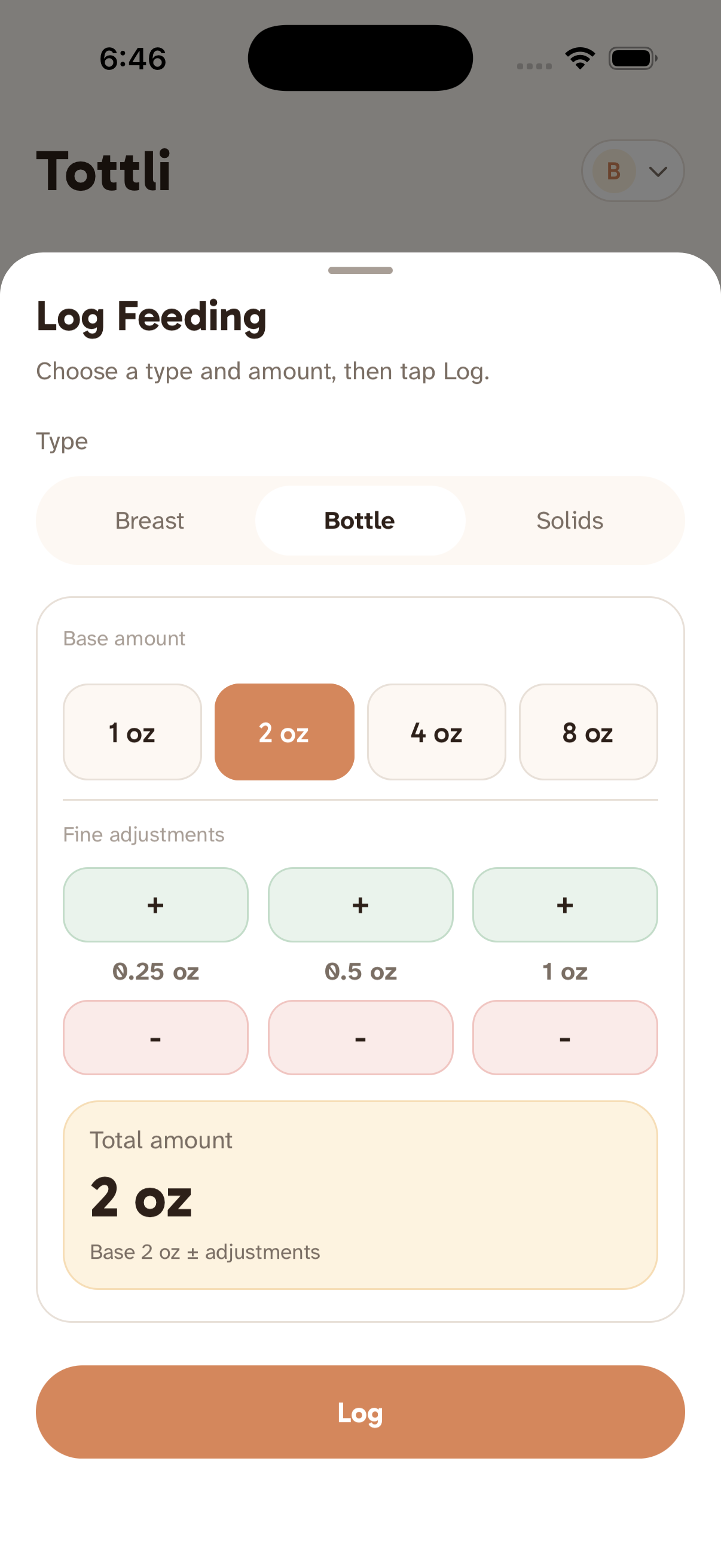 Feeding log sheet with amount selector