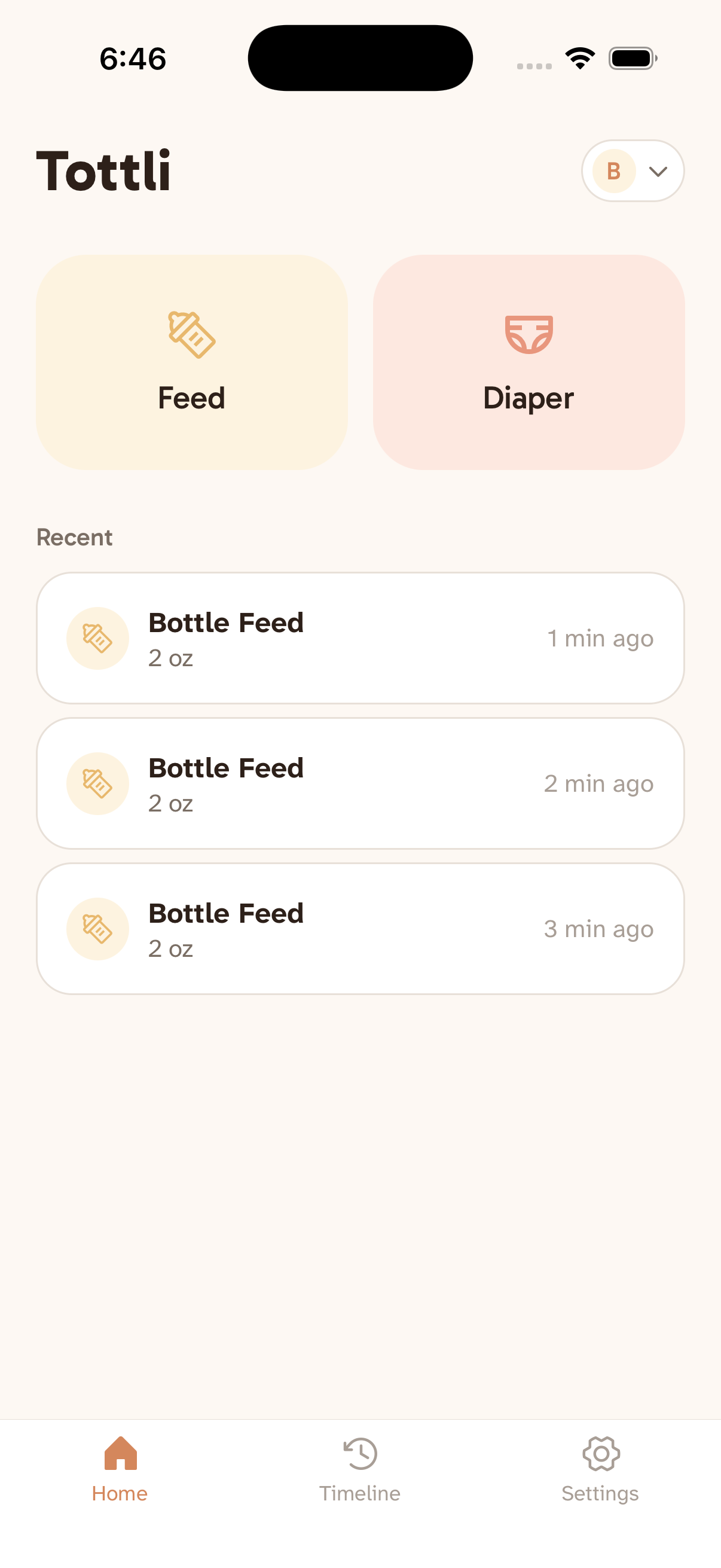Tottli home screen showing one-tap logging buttons