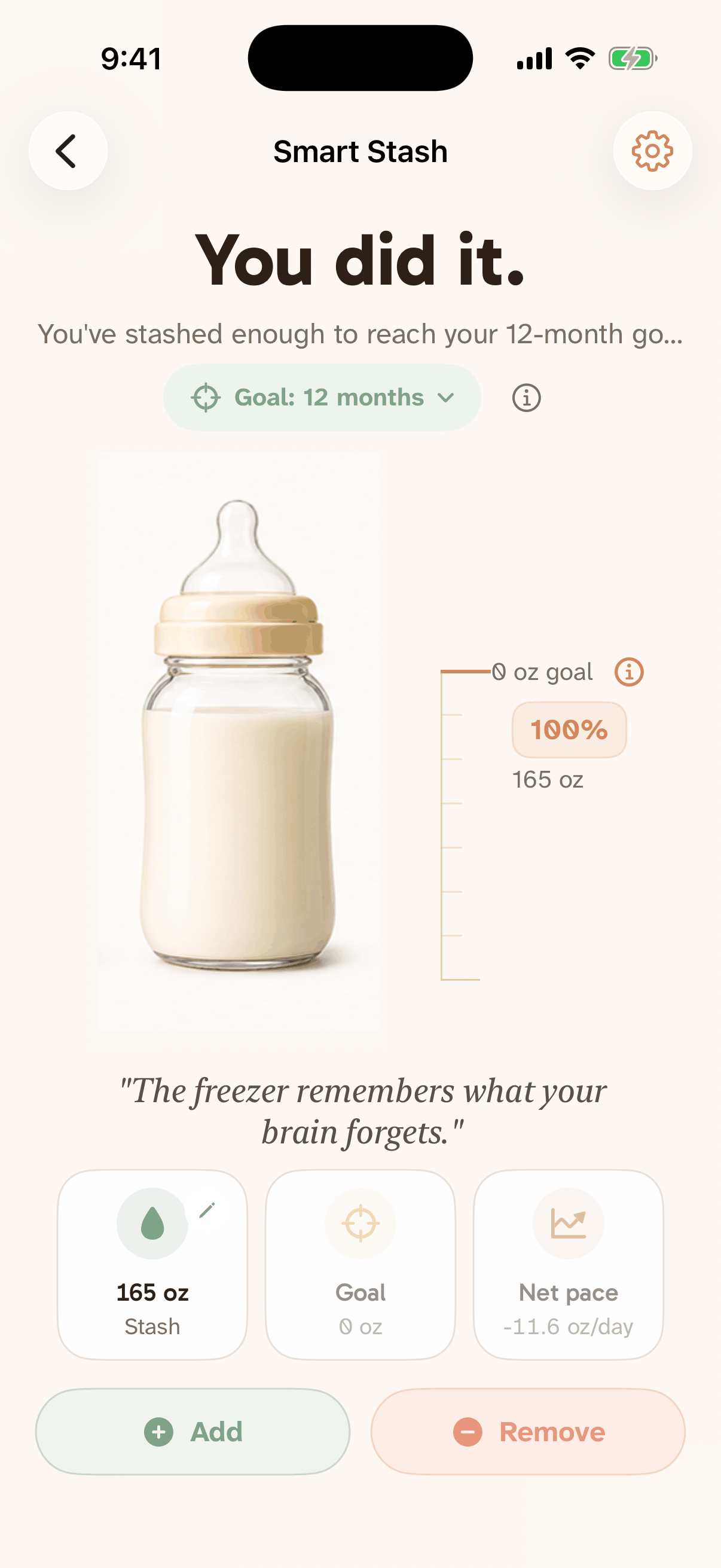 Smart Stash screen showing pumped milk inventory balance
