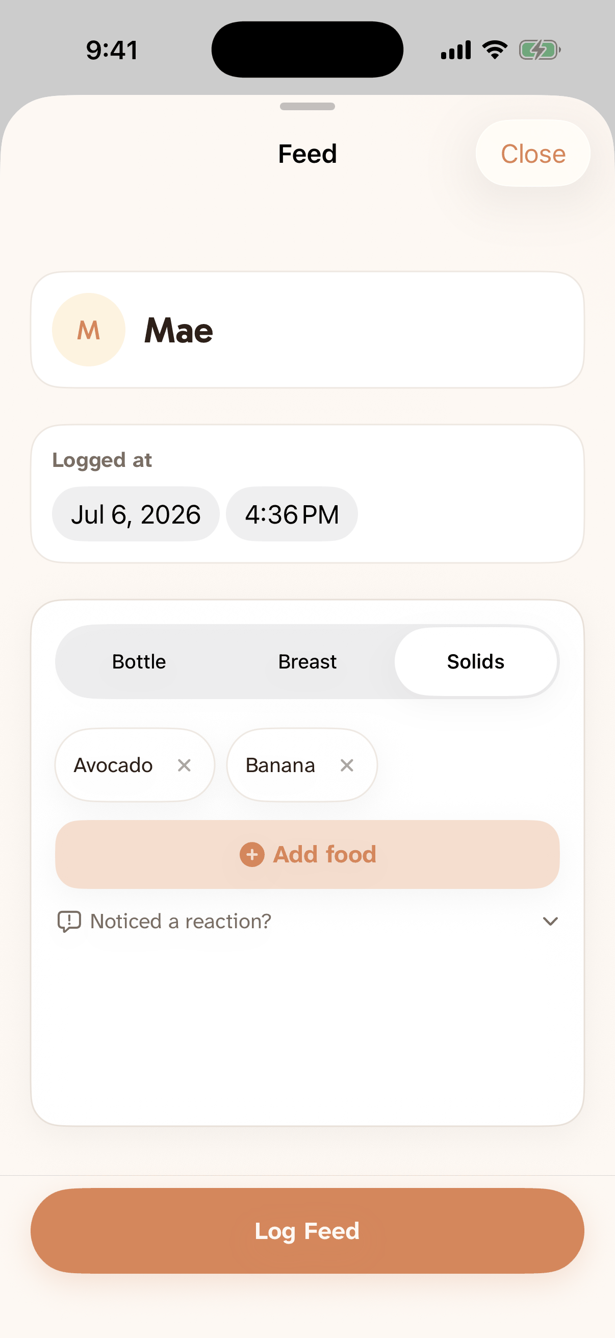 Solids logging sheet with foods picked from the built-in catalog