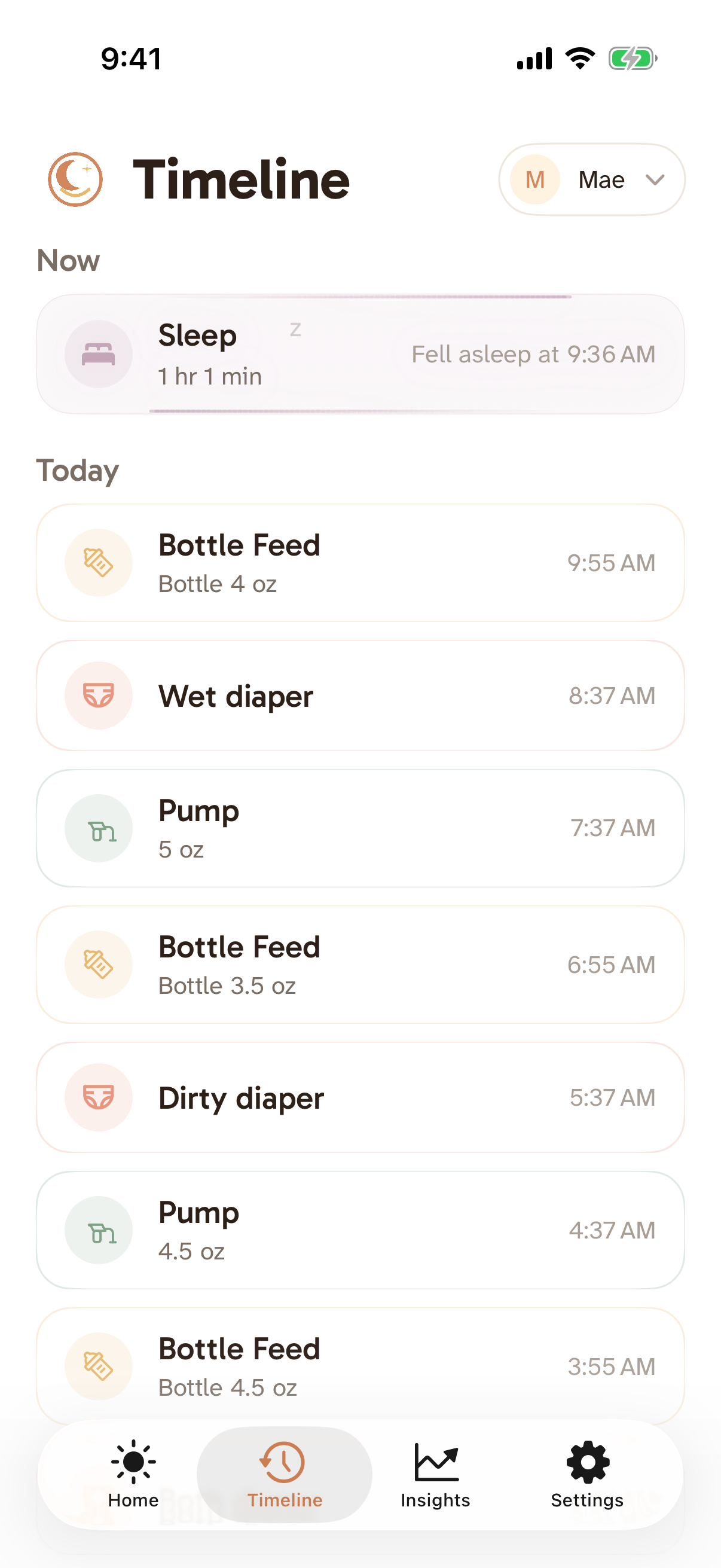 Timeline screen showing feedings, diapers, pumps, and sleep at a glance