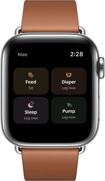 Tottli on Apple Watch showing one-tap Feed, Diaper, Sleep, and Pump buttons