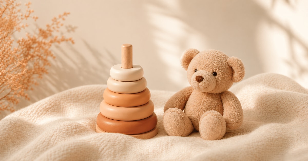 A wooden stacking ring toy and a small plush bear resting on a cream wool blanket in soft afternoon light
