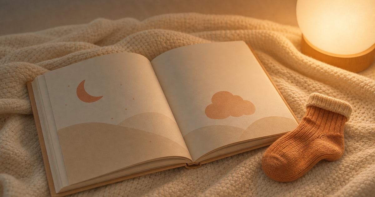 An open children's storybook and a small sock resting on a cream knitted blanket in low warm evening light