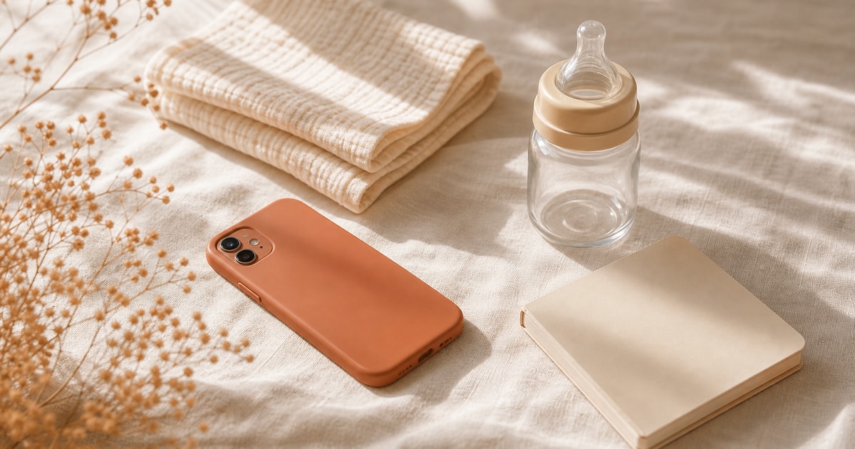 A smartphone, baby bottle, and small notebook on a cream linen surface in soft morning light