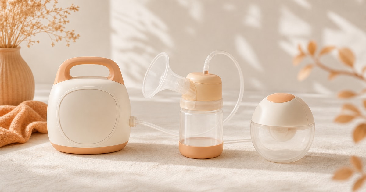 Three pump silhouettes — hospital-grade, portable, and wearable — on a cream linen surface in soft morning light