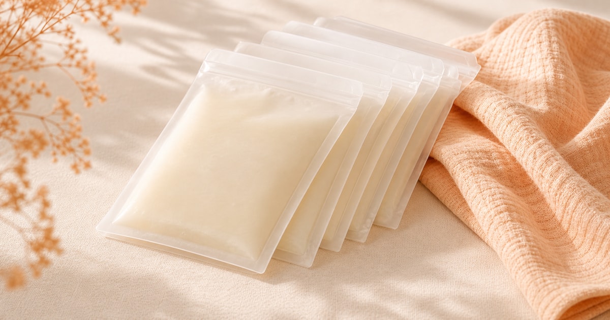 A row of small milk storage bags and a folded muslin on a cream linen surface in soft morning light