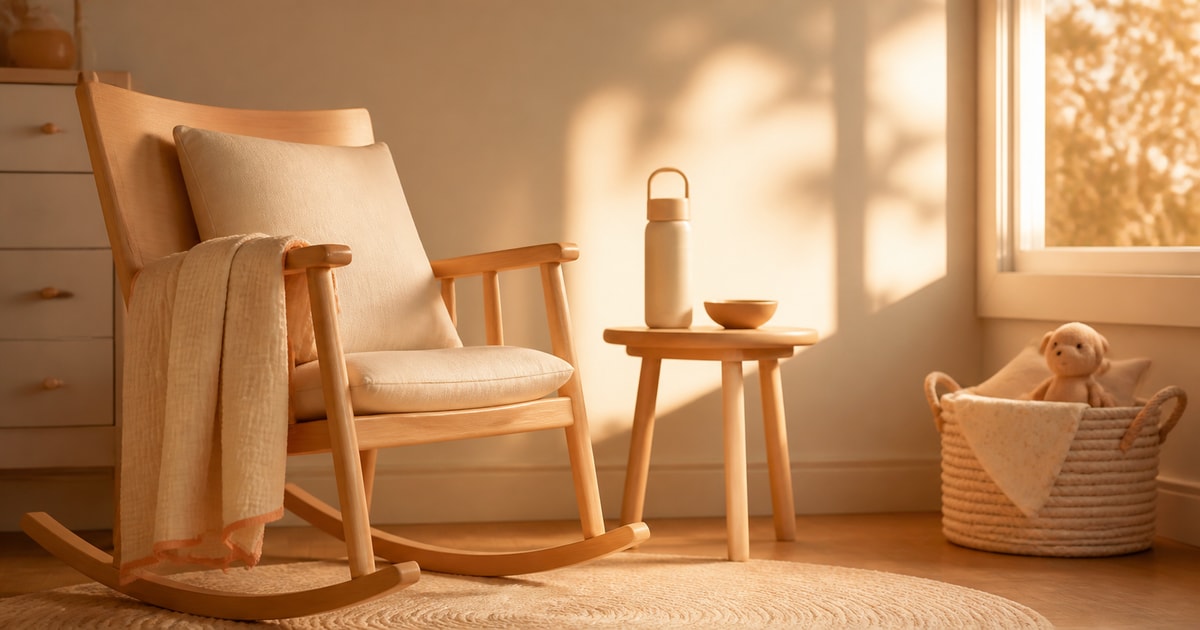 A rocking chair in evening light with a folded muslin and a tall water bottle on a side table