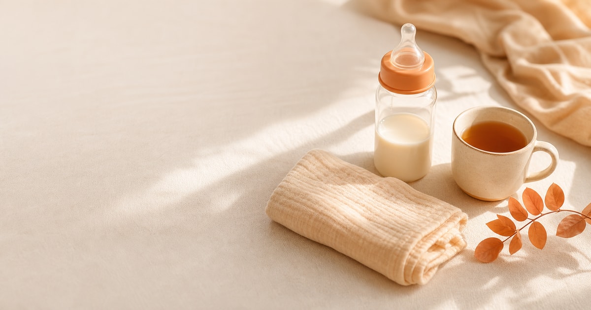 A baby bottle, folded muslin, and a small ceramic mug of tea on a cream surface in soft morning light