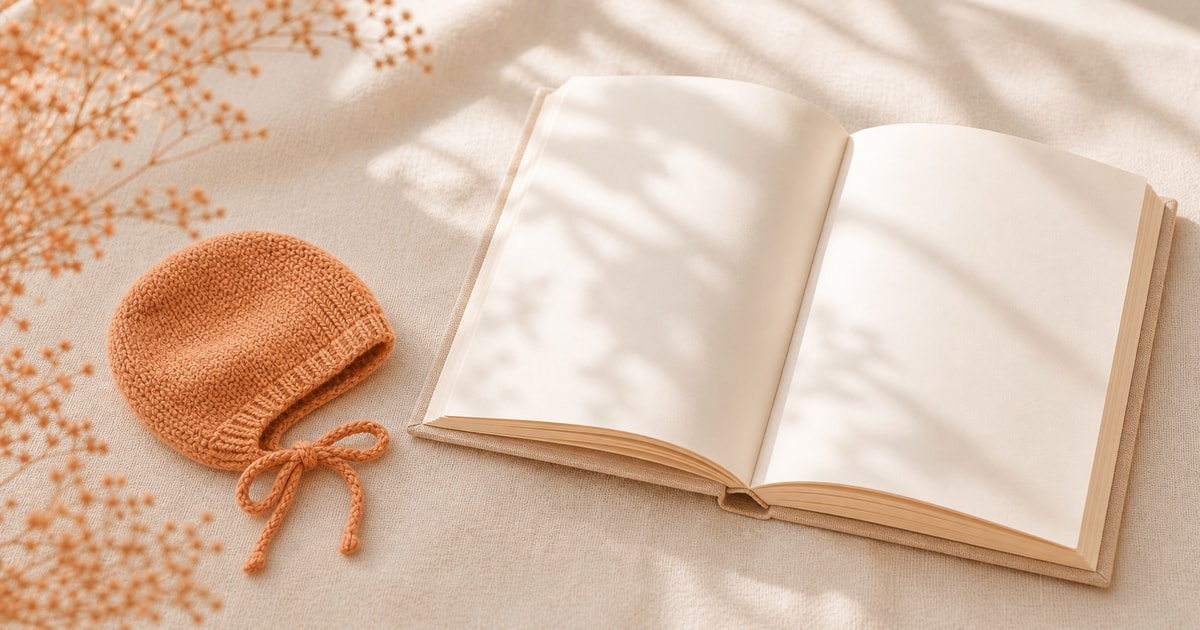 A small knitted bonnet beside an open book on a cream linen surface in soft morning light