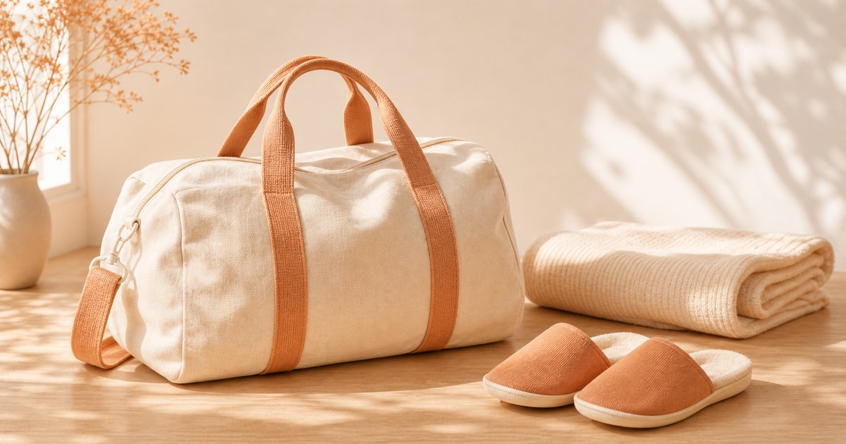 A canvas duffel bag with a folded blanket and slip-on slippers on a wooden floor in soft morning light