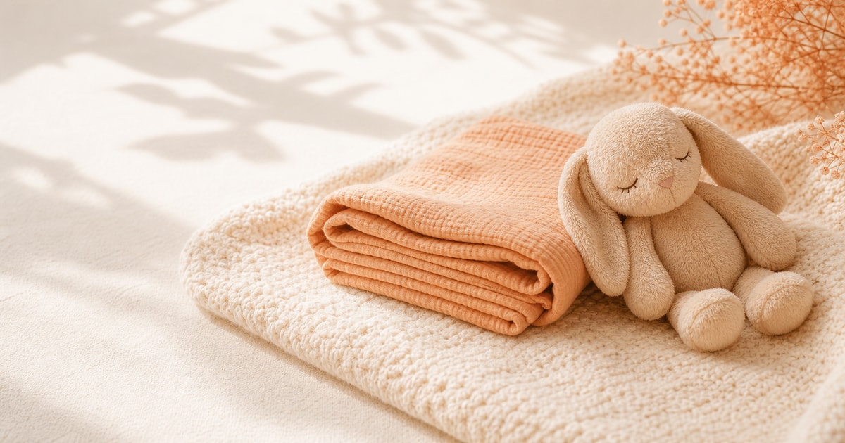 A folded muslin swaddle and a small plush rabbit resting on a cream knitted throw in soft afternoon light