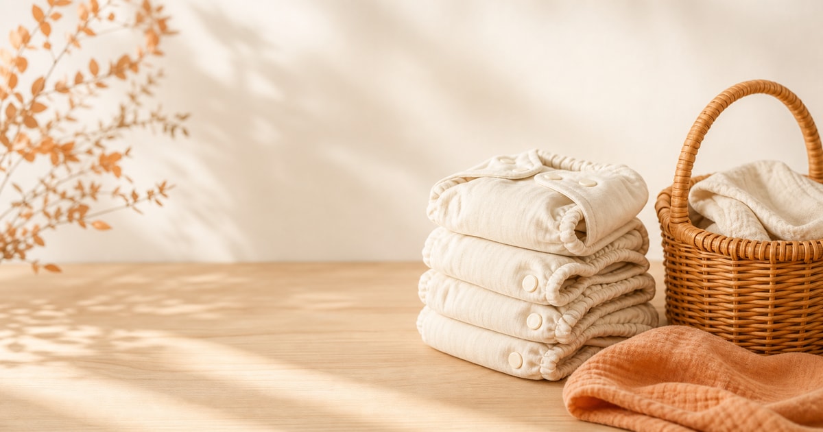 A folded stack of cream cloth diapers next to a small wicker basket