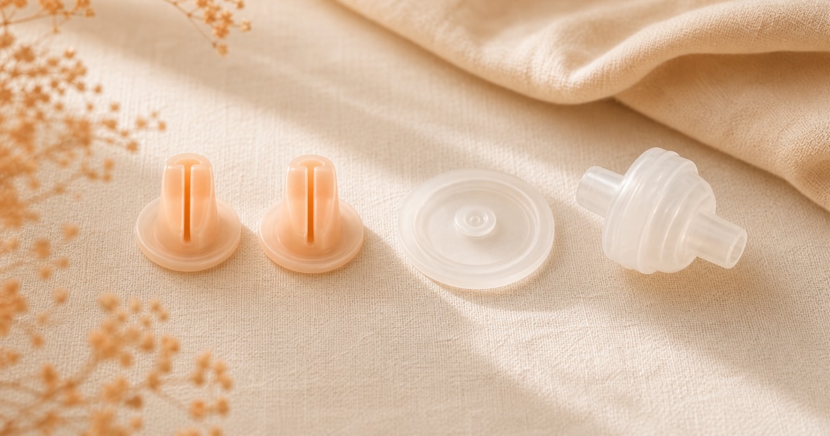 Small pump components arranged on a cream linen surface in soft morning light