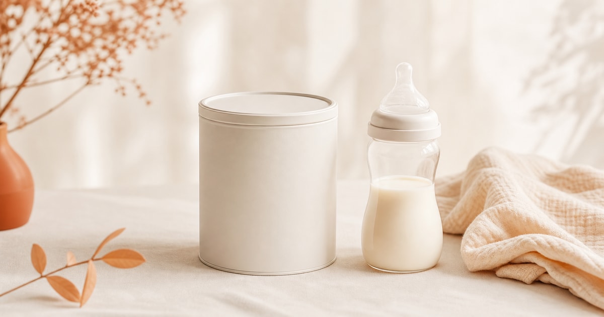 A small formula canister and a clean baby bottle on a cream linen surface