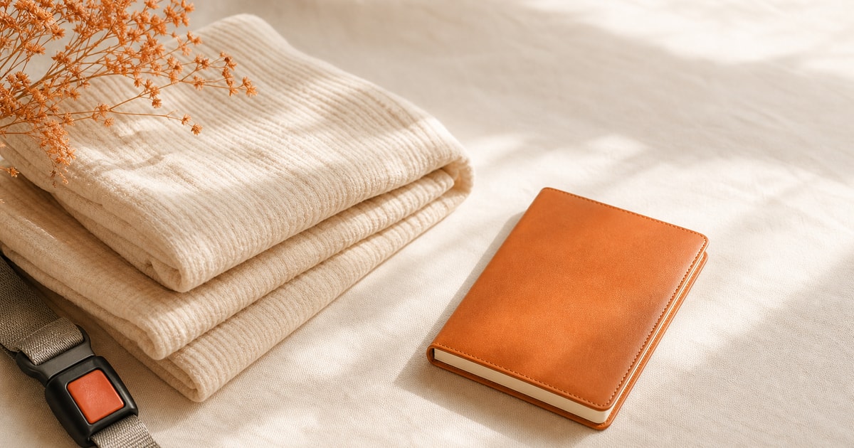 A folded baby blanket, a small car seat strap, and a closed notebook on a cream linen surface