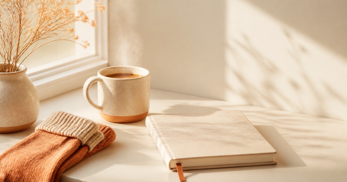 A quiet windowsill with a steaming mug and an open journal in soft late-morning light