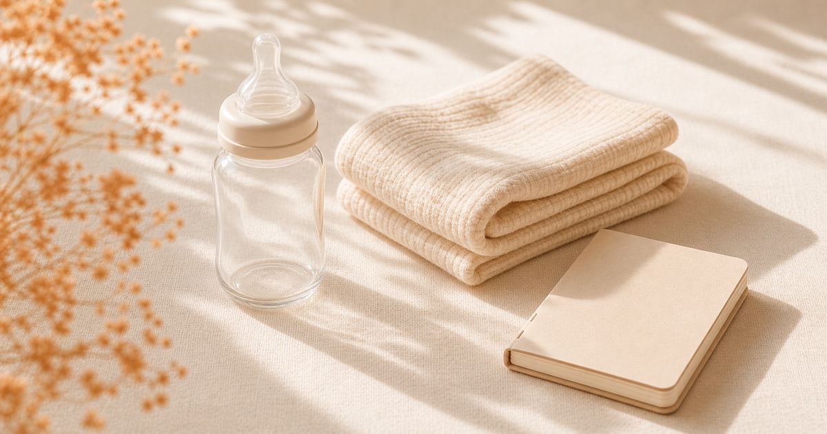 A small glass baby bottle, a folded muslin cloth, and a small notebook on a cream linen surface in soft morning light