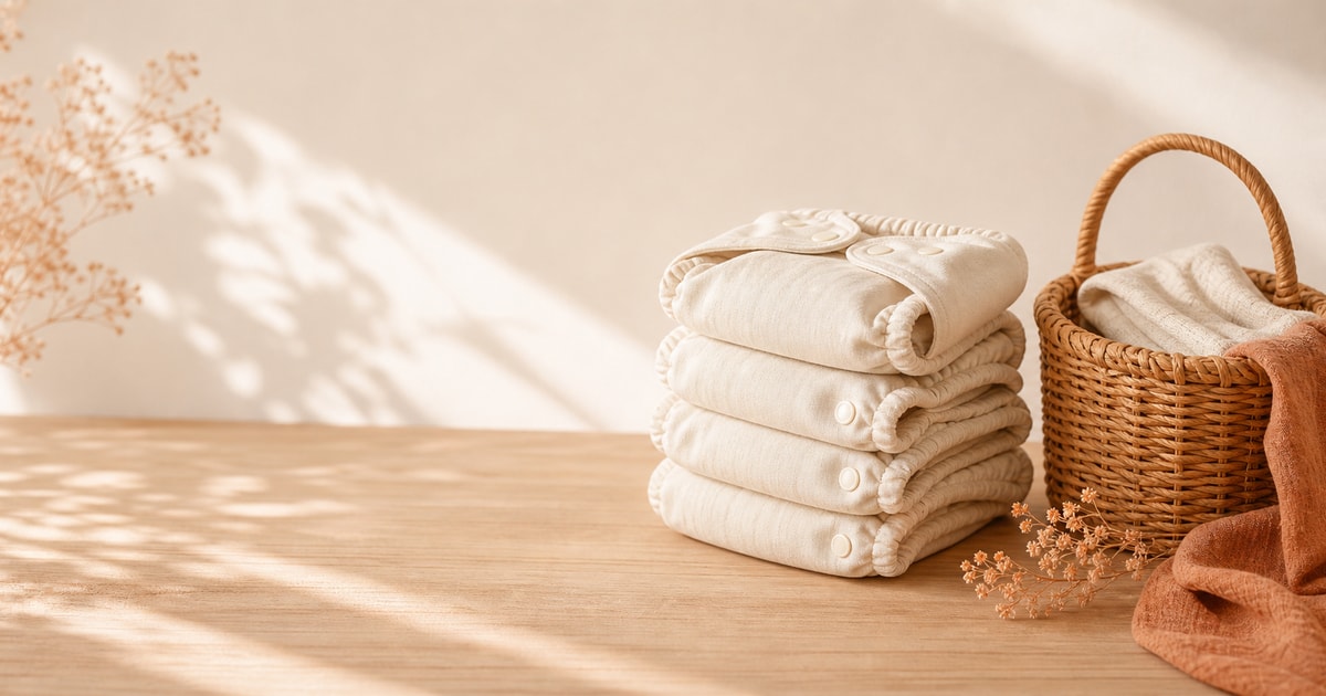 A folded stack of cream cloth diapers next to a woven basket on a wooden surface in soft morning light