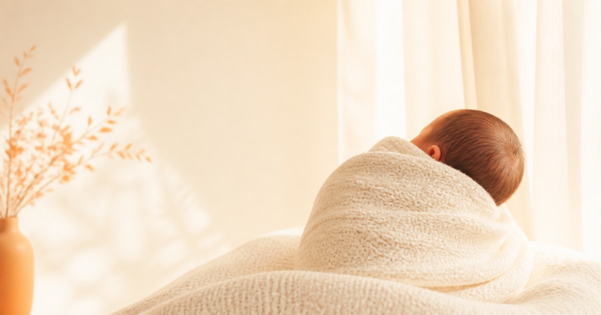 A swaddled sleeping newborn in soft morning light