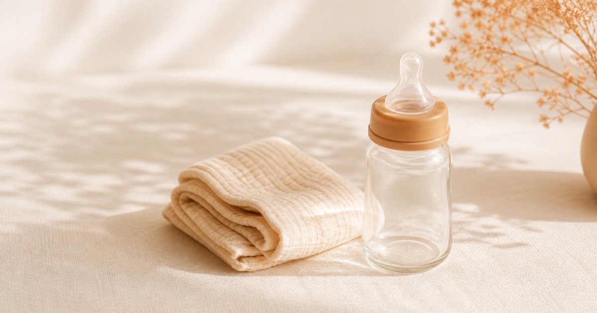 A small glass baby bottle next to a folded muslin cloth on a cream linen surface in soft morning light