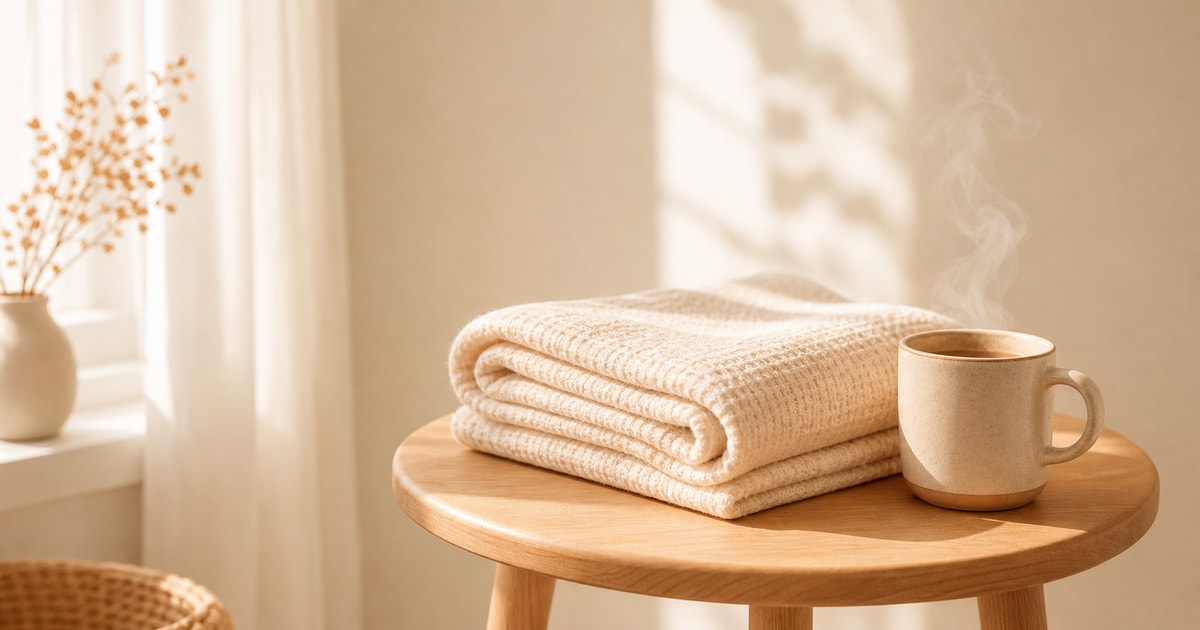 A folded cotton blanket and a steaming mug resting on a wooden side table in soft window light