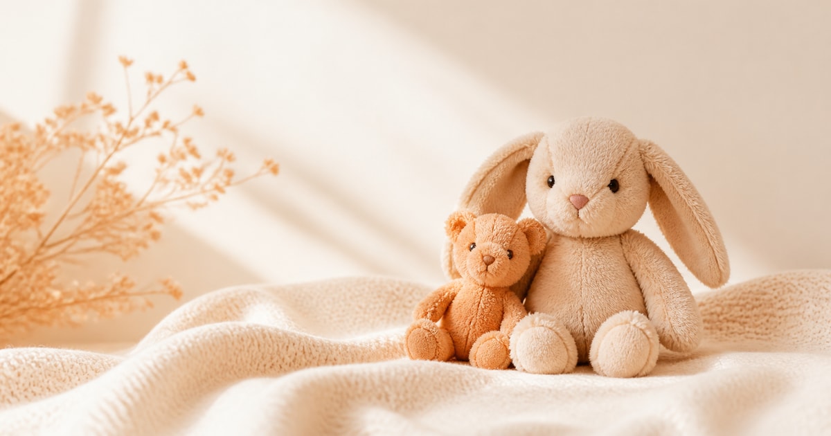A larger stuffed animal next to a tiny stuffed animal on a cream-colored blanket