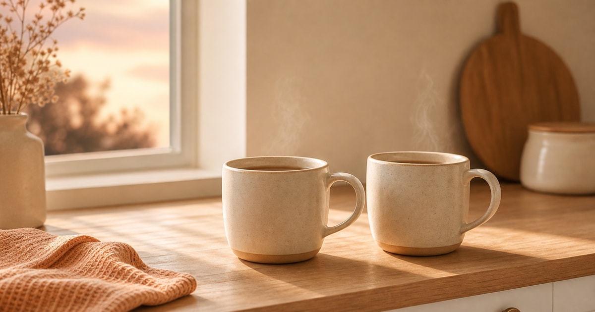 Two cream coffee mugs sit side by side on a wooden countertop in soft pre-dawn light
