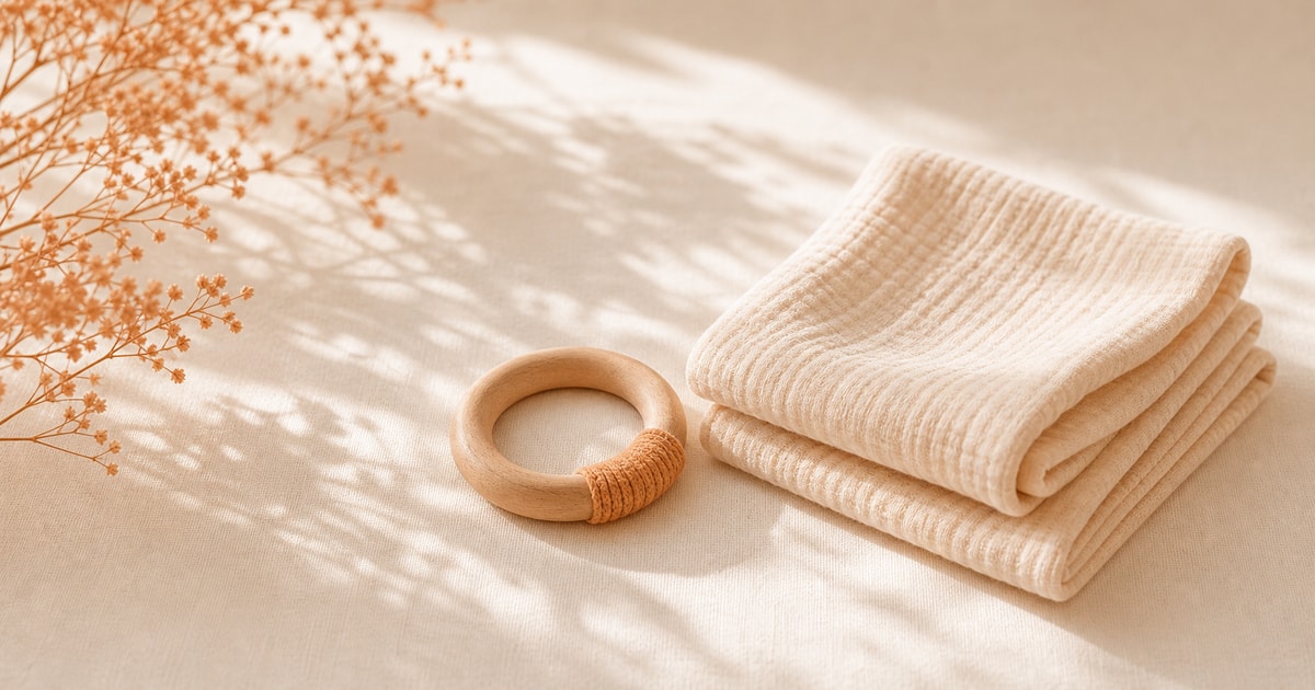 A wooden teething ring and a folded muslin cloth on a cream linen surface in soft morning light