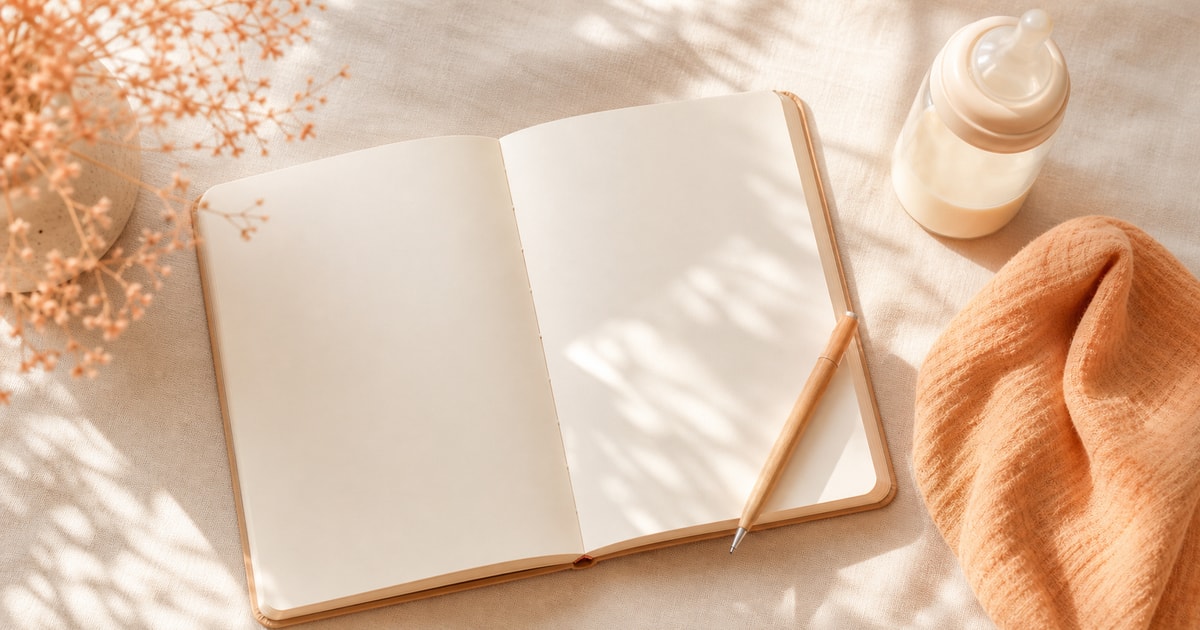An open blank notebook and small pen on a cream linen surface beside a baby bottle and folded muslin