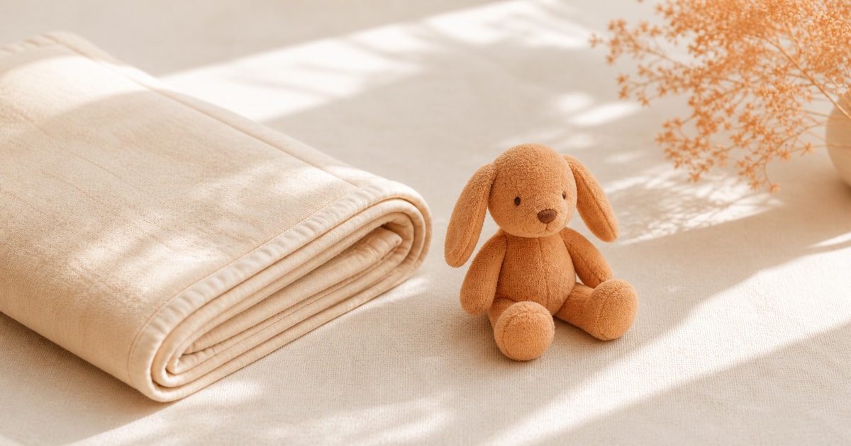 A folded play mat and a single soft toy on a cream linen floor surface in soft morning light