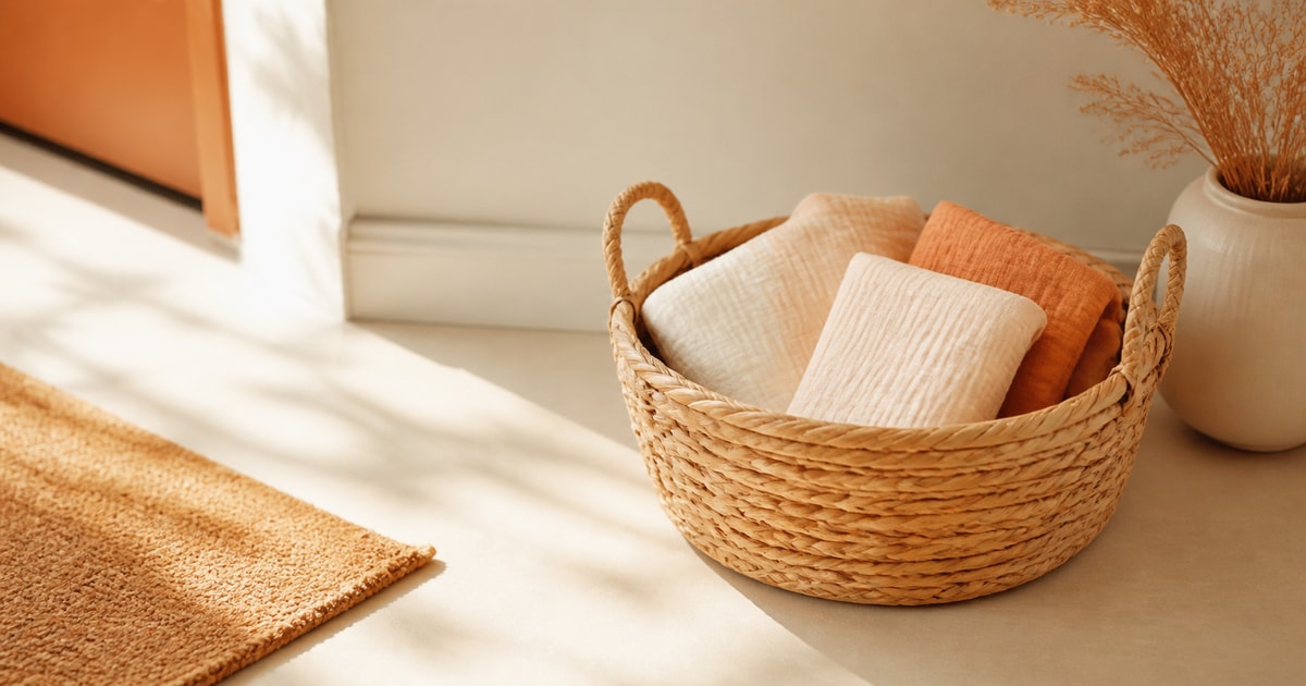 A small woven basket of folded muslins on a cream-colored entryway floor in soft morning light
