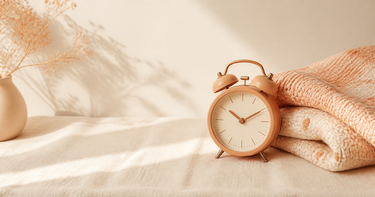A small clock and a folded knitted blanket on a cream surface in soft afternoon light