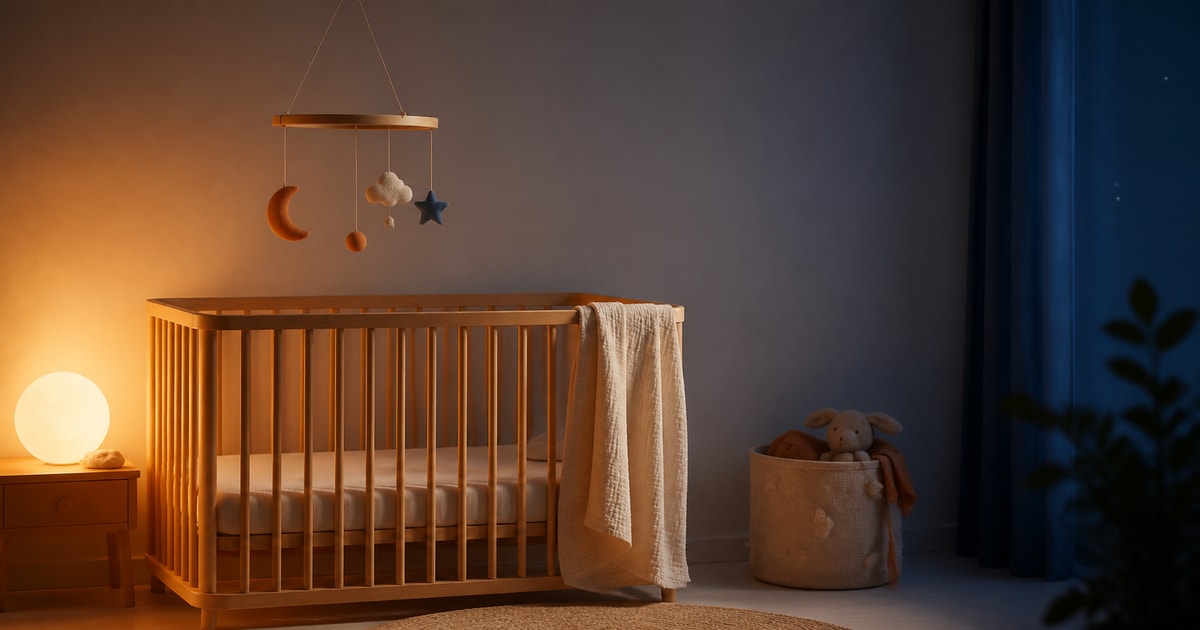 A small wooden crib with a hanging mobile in a softly lit nursery at night